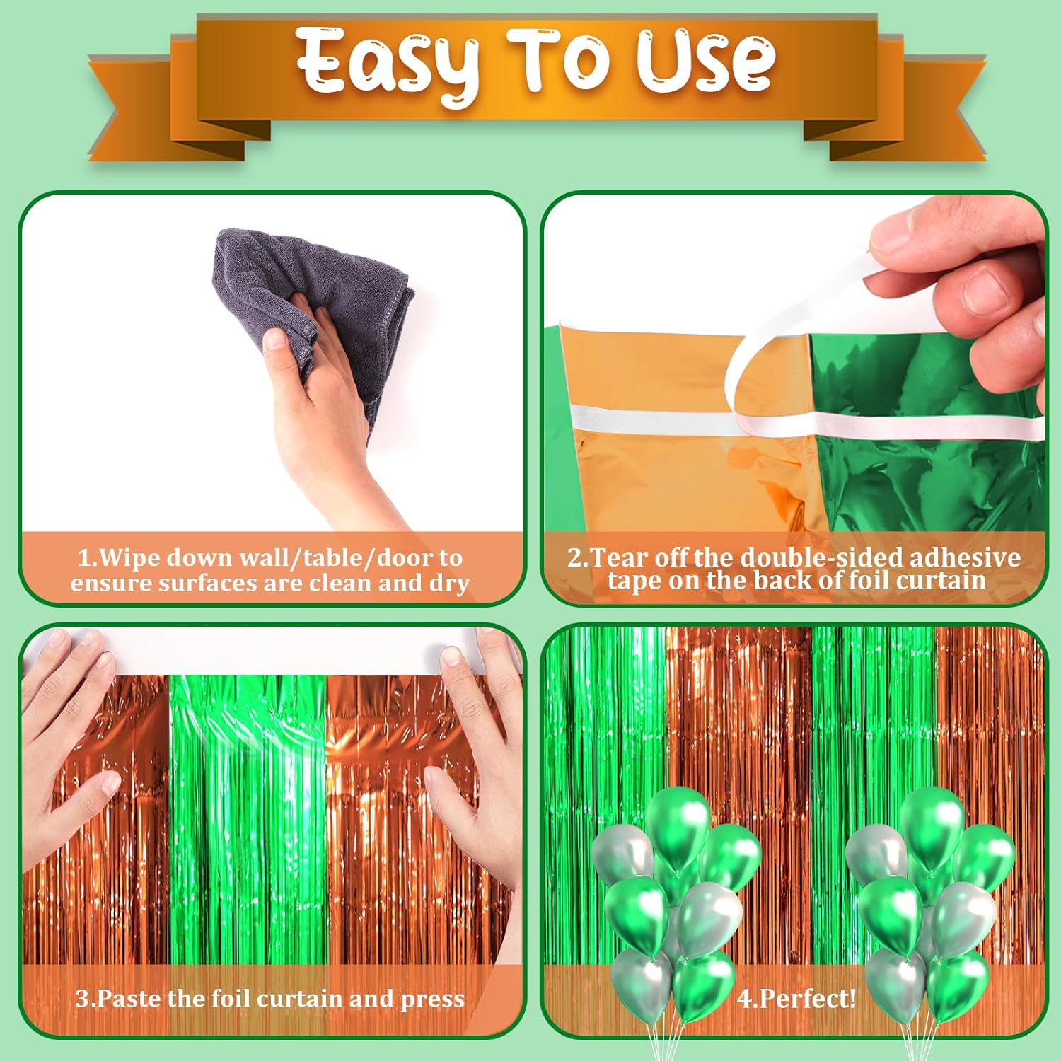 Voircoloria Foil Fringe Backdrop Curtains - 3 Pack Green & Brown Tinsel Streamers for Parties | 3.3 x 8.2 ft