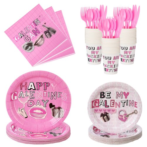 FoldTier 12 Set Galentine's Day Party Supplies Pink Happy Galentines Day Tableware Set Paper Plates and Cups Napkins Plastic Forks Spoons Knives for Valentine's Party Decorations