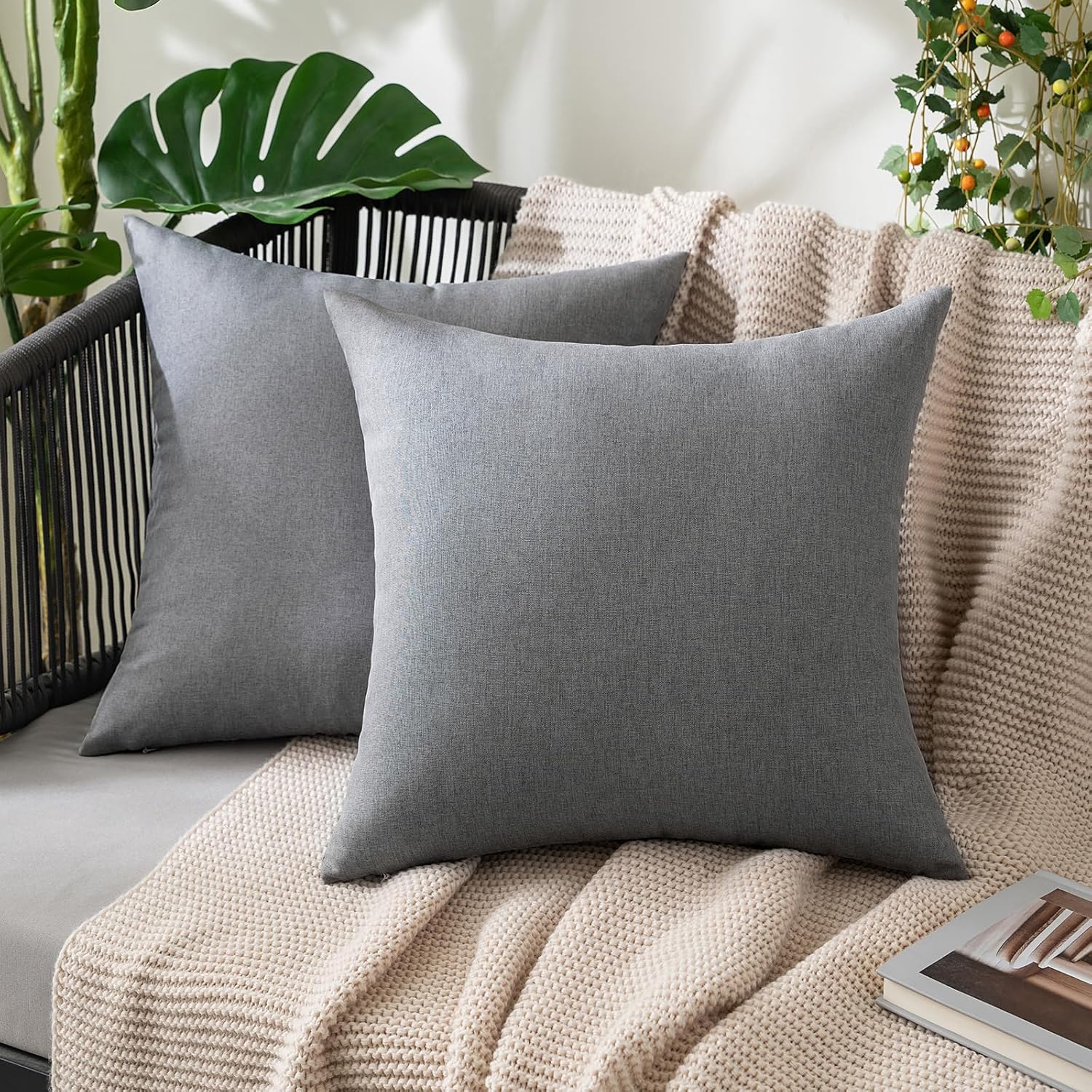 MIULEE Decorative Outdoor Throw Pillow Covers - Waterproof Faux Linen Cushion Cases | 22x22 Inch Light Grey - Set of 2