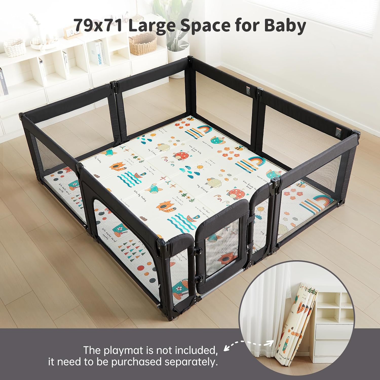 Skiennix Baby Playpen - Foldable Adjustable Play Yard with Door | Heavy-Duty Toddler Playpen, Black