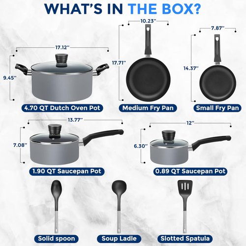 SereneLife Kitchenware Nonstick Cookware set, Non-Stick Coating Inside, Basic Kitchen Pots and Pans set, Heat Resistang Lacquer (11 Piece set), One Size, Gray