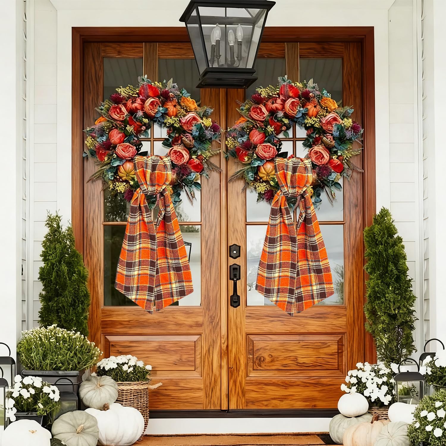 Skiennix Wreath Sash - Orange Plaid Garland Ribbon for Indoor/Outdoor Home Decoration