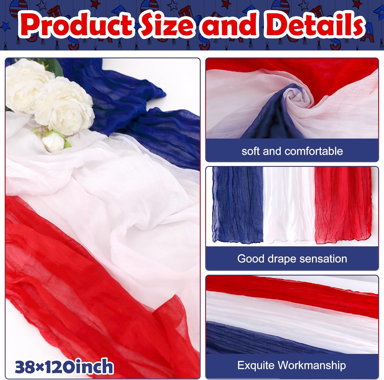 RunNico Cheese Cloth Table Runner Set - 2 PCS Rustic Red, White & Blue | 120 x 38 Inch Patriotic Decor