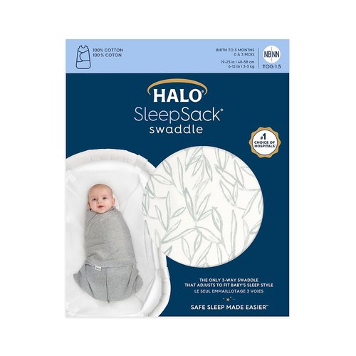 HALO 100% Cotton Sleepsack Swaddle - 3-Way Adjustable Wearable Blanket, TOG 1.5, Leaves, Newborn 0-3 Months