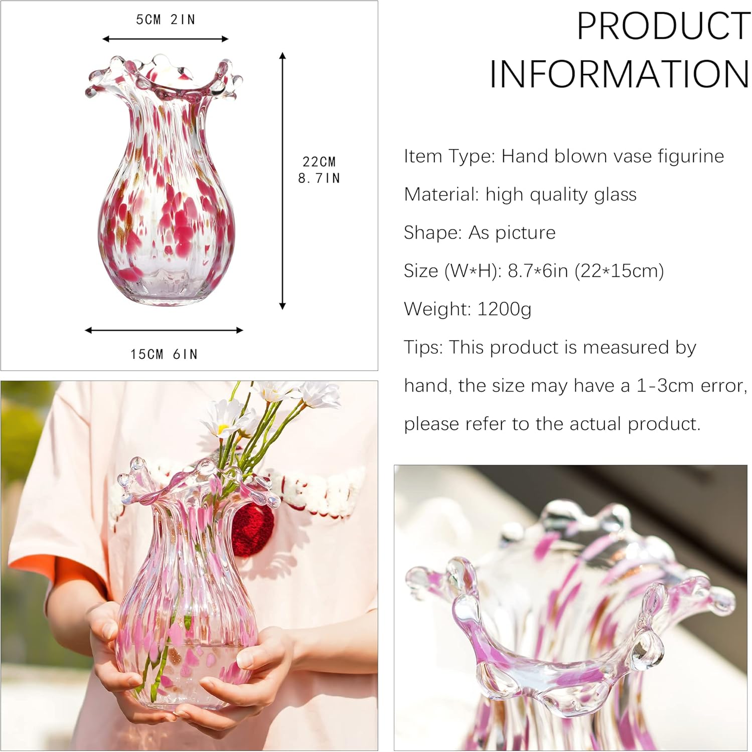 QFkris Handblown Glass Vase - Modern Pink Petal Flower Vase for Home Decor | 8.5 Inch Tall Centerpiece