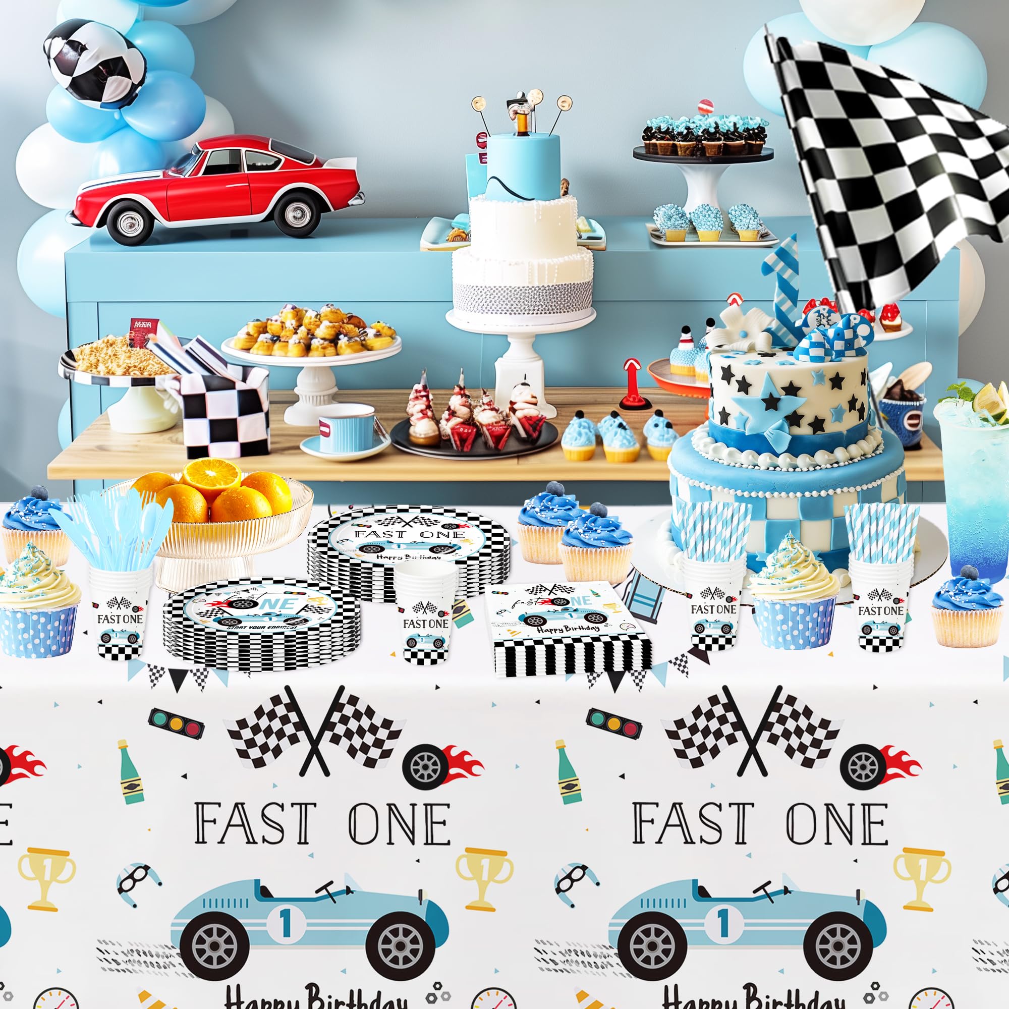 Suhelkit Fast One Birthday Decorations for Boys Tablecloth - Blue Race Car 1st Birthday Party Supplies Table Covers for Racing Car First | 3 Pack (54in x 108in)