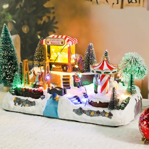 Afirst Christmas Village Houses - Lighted Collectible Figurines with Rotating Carousel & Musical Features | Indoor Display