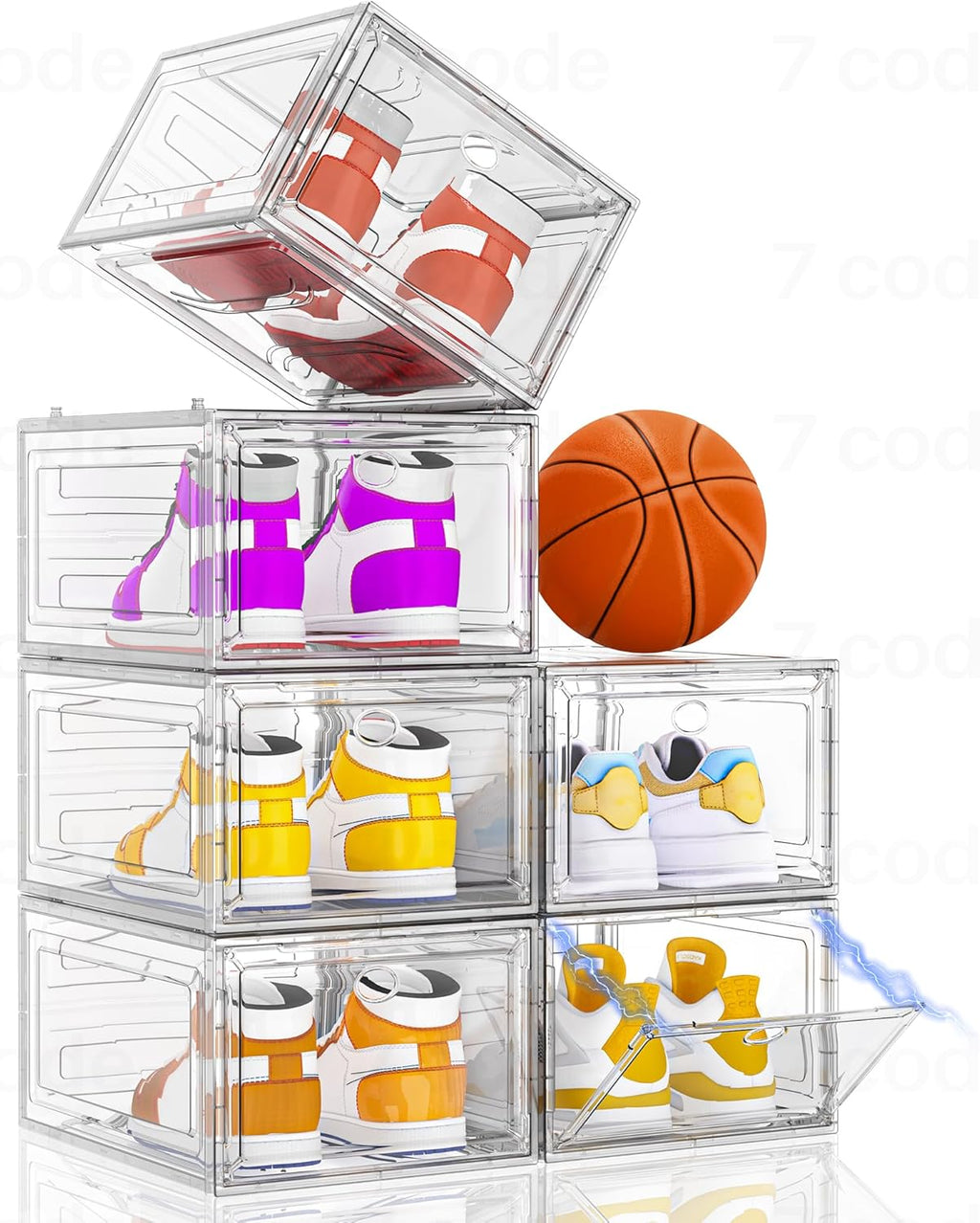 Skiennix Clear Shoe Storage Organizer - Sturdy Stackable Boxes with Magnetic Door | 6 Pack, White