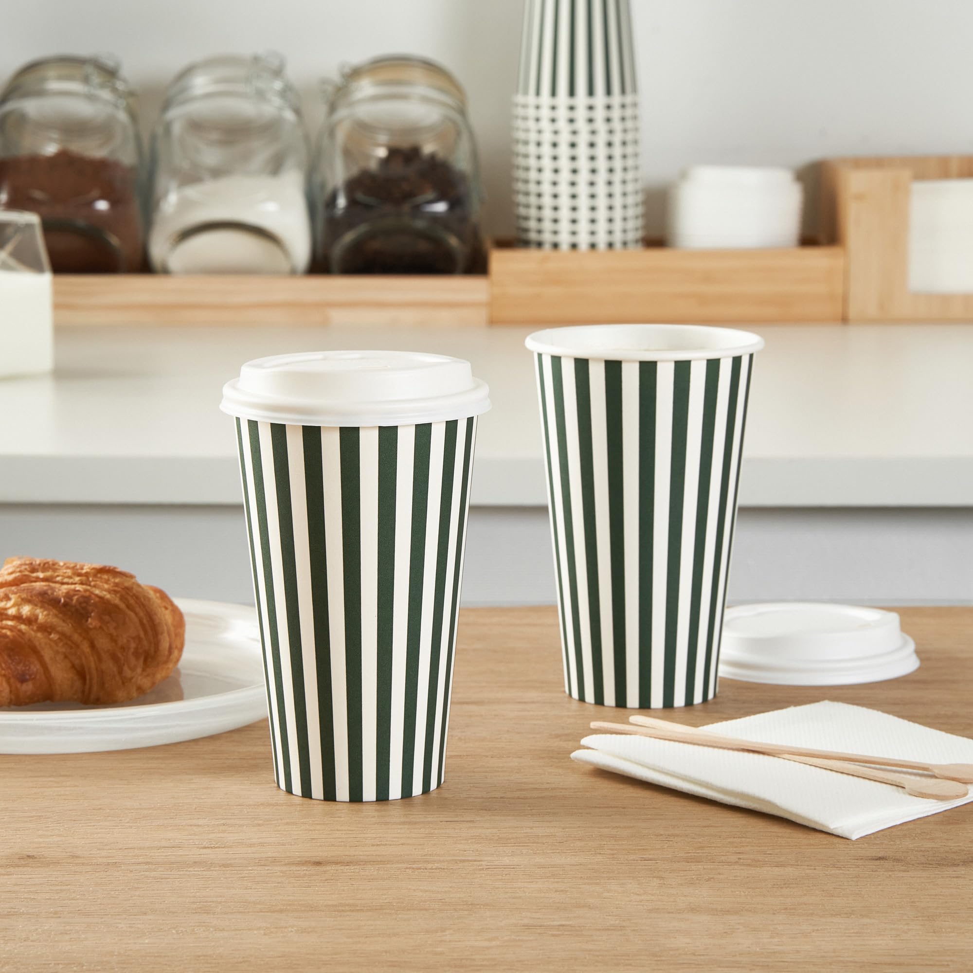 Restaurantware 16 Ounce Disposable Coffee Cups With Lids, 400 Hot Cups With Lids - Sleeves Sold Separately, Single Wall, Forest Green And White Stripe Paper Coffee Cups, For Coffee And More