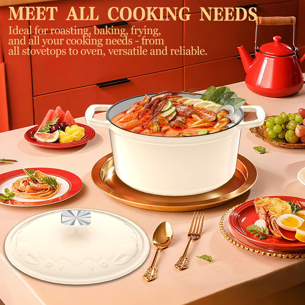 Enameled Cast Iron Dutch Oven - 5QT Dutch Oven Pot with Crab Lid & Oversized Knob & Ergonomic Handles - Heavy Duty Cookware for Braising, Stews, Roasting, Bread Baking - Cream White