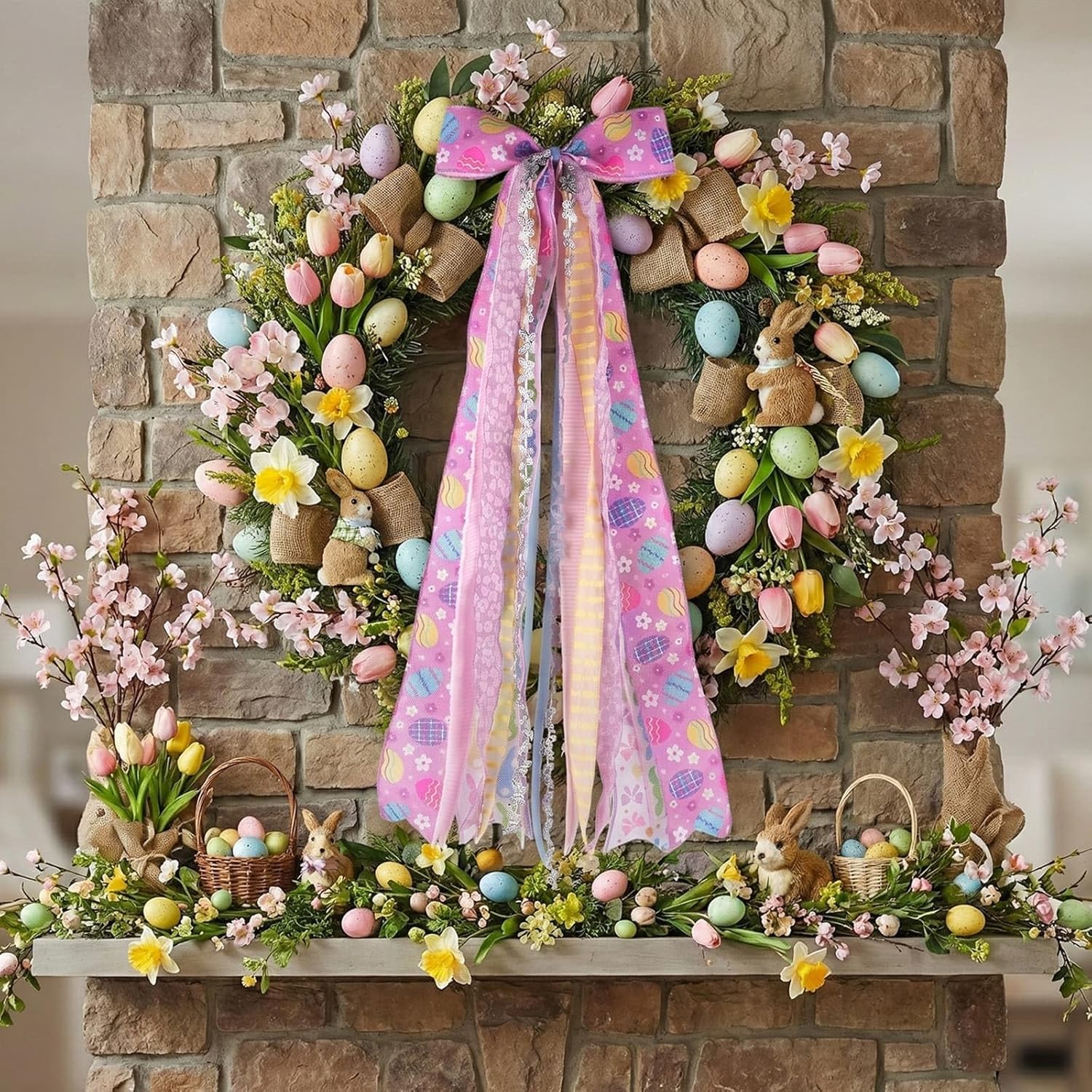 YKW Easter Bow Door Decoration - 27.5" Purple Lavender Floral Wreath with 8 Ribbons | Ready to Hang
