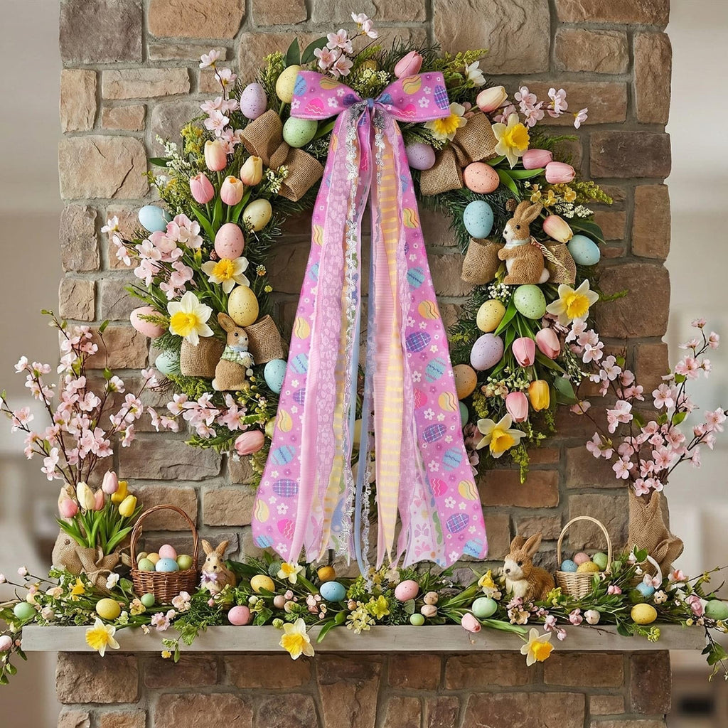 YKW Easter Bow for Door with 8 Ribbons, 27.5" Spring Wreath Sash Purple Lavender Floral, Ready to Hang Front Door Decoration Metal Clip, Home Farmhouse Party Decor