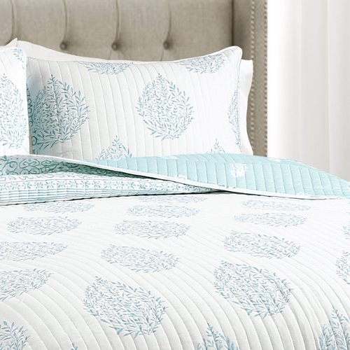 Lush Decor Blue Teardrop Leaf Quilt-Reversible Floral Stripe 3 Piece Bedding Set, King