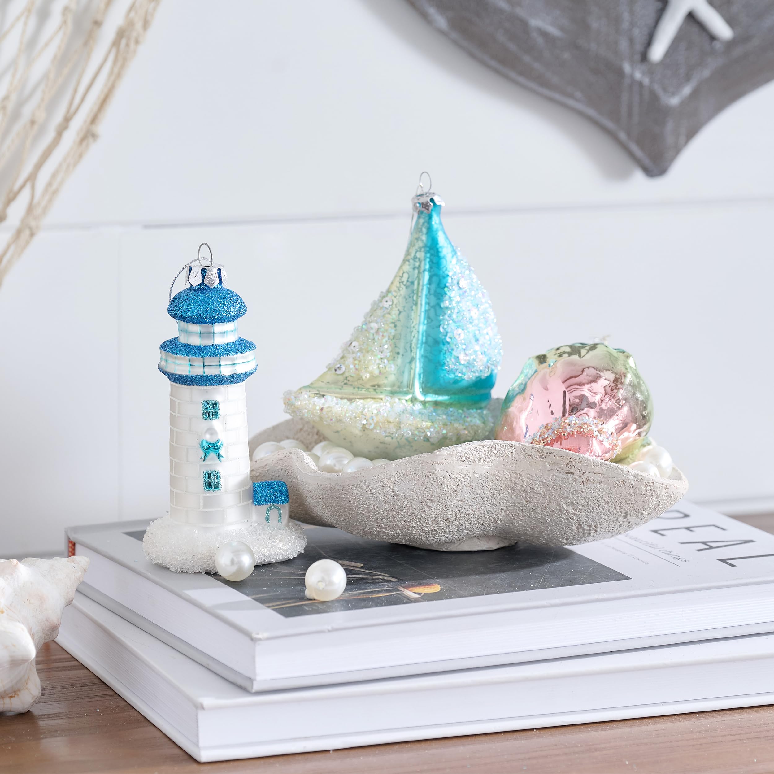 Valery Madelyn Glass Christmas Ornaments Set, 4ct Light Blue and Silver Blown Glass Christmas Tree Decorations, Summer Beach Coastal Ocean Nautical Marine Xmas Hanging Finial Balls Bulk Holiday Decor