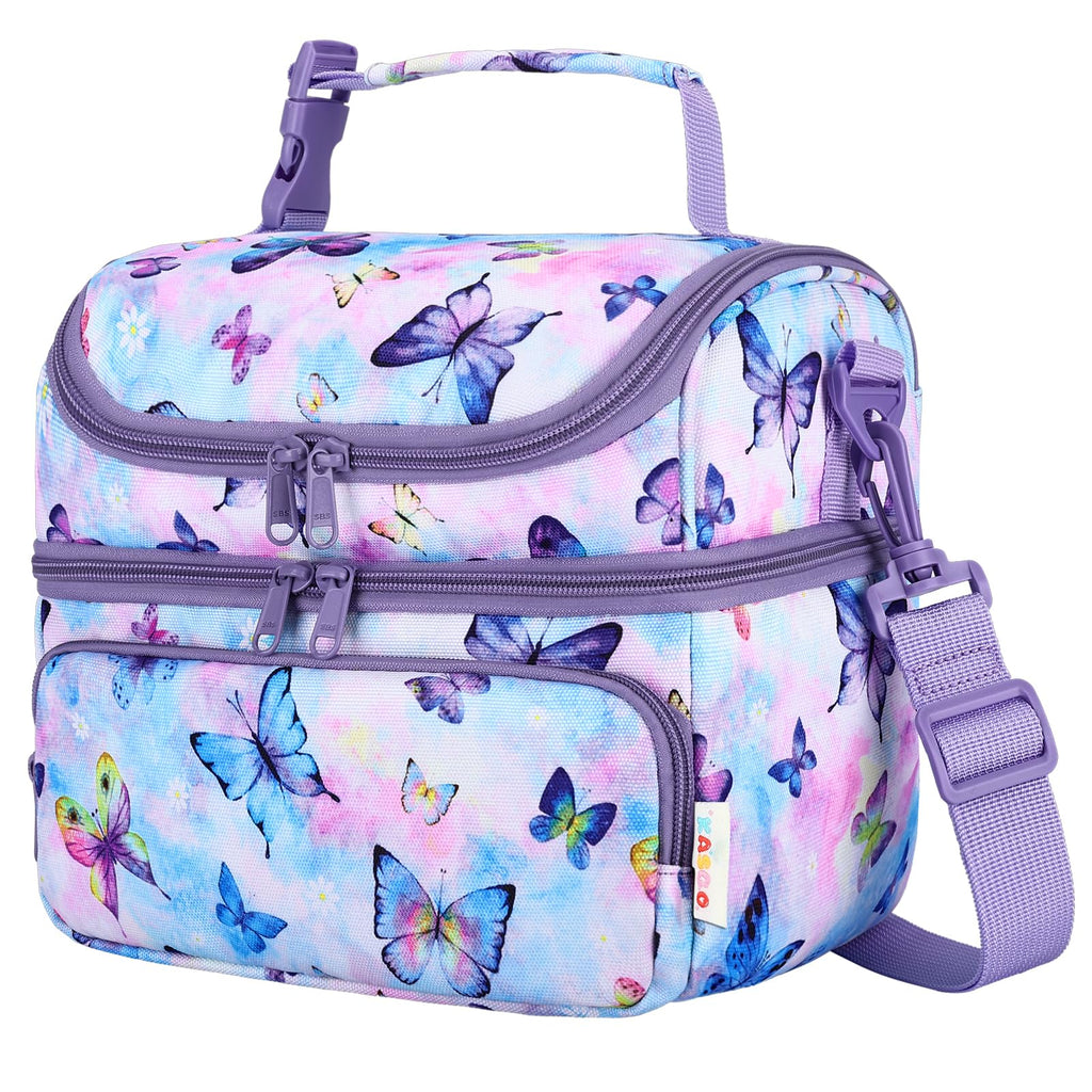Kasqo Lunch Bag Kids, Dual Compartment Insulated Cooler Bag 7.5L Girls Boys Toddler Lunch Box Containers for Daycare School Kindergarten Travel Ombre Butterfly