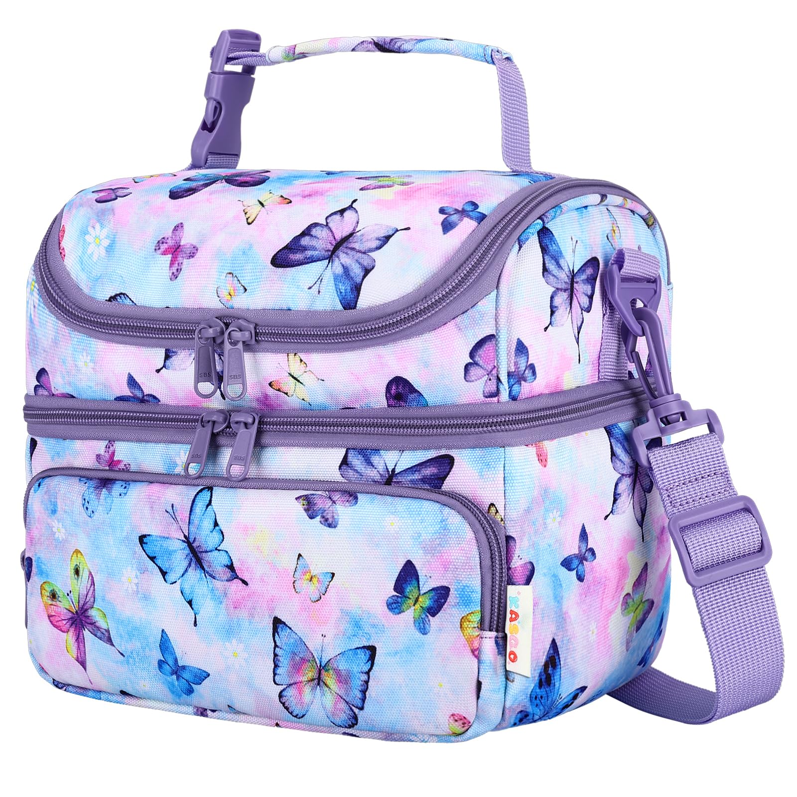 Kasqo Lunch Bag Kids, Dual Compartment Insulated Cooler Bag 7.5L Girls Boys Toddler Lunch Box Containers for Daycare School Kindergarten Travel Ombre Butterfly