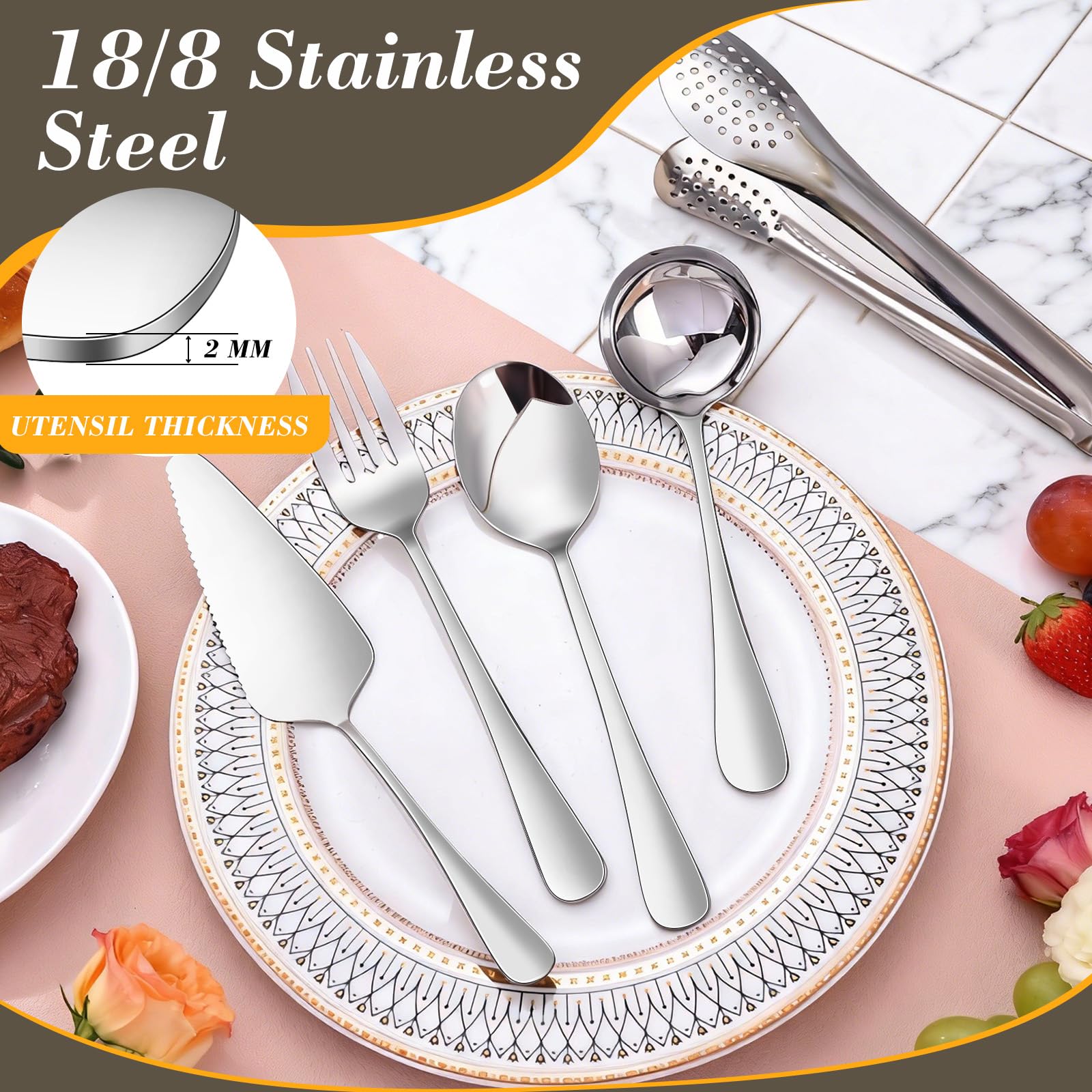 Dualshine 10PCS 18/8 Stainless Steel Serving Utensils Set for Parties, Kitchen Serving Tools-Include Serving Spoons, Slotted Spoons, Serving Forks Tongs Soup Ladle, Cake Pie Server for Buffet, Wedding