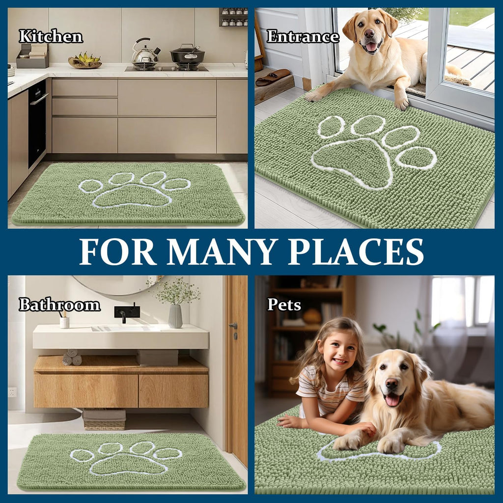 OLANLY Dog Door Mat - Absorbent Muddy Paws Doormat | Non-Slip Chenille, 70x24, Sage Green