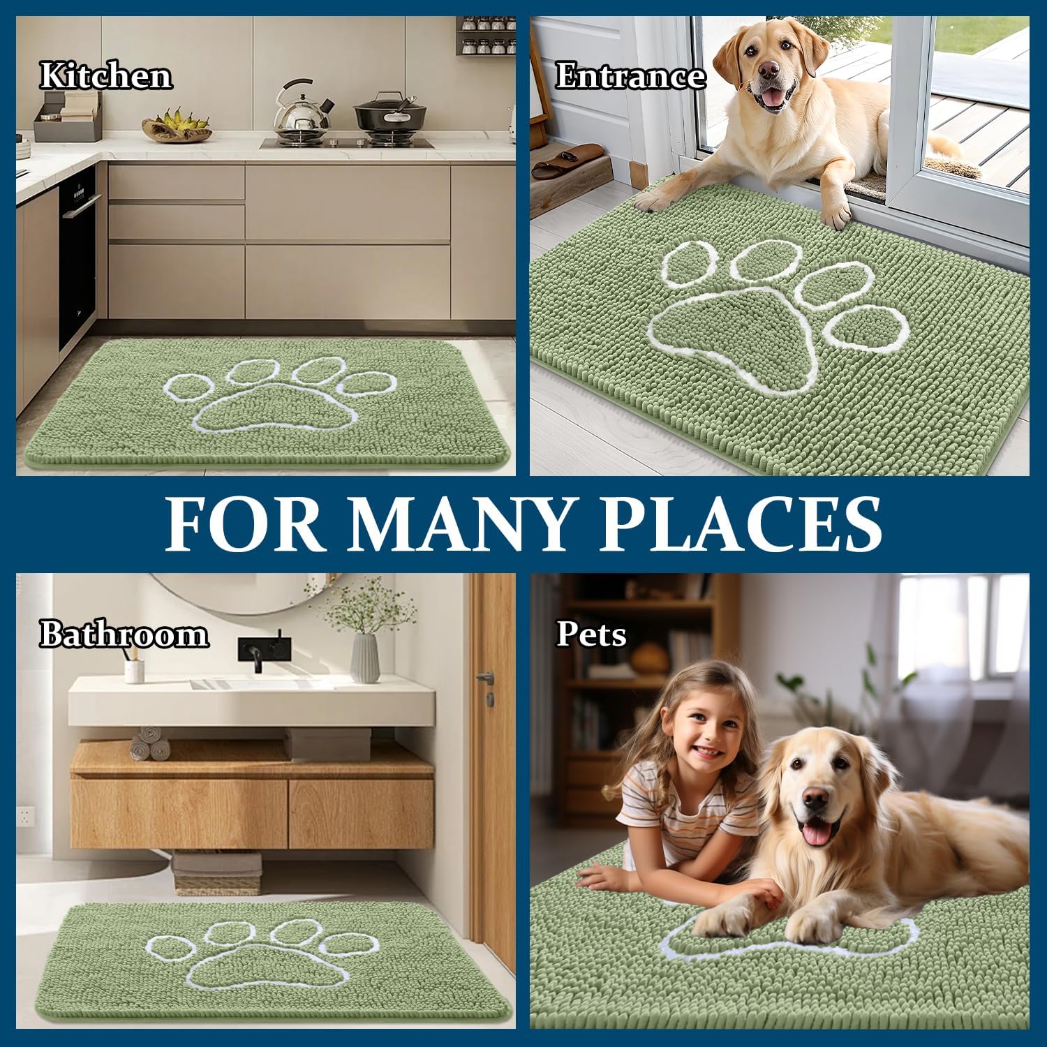 OLANLY Dog Door Mat - Absorbent Muddy Paws Doormat | Non-Slip Chenille, 70x24, Sage Green