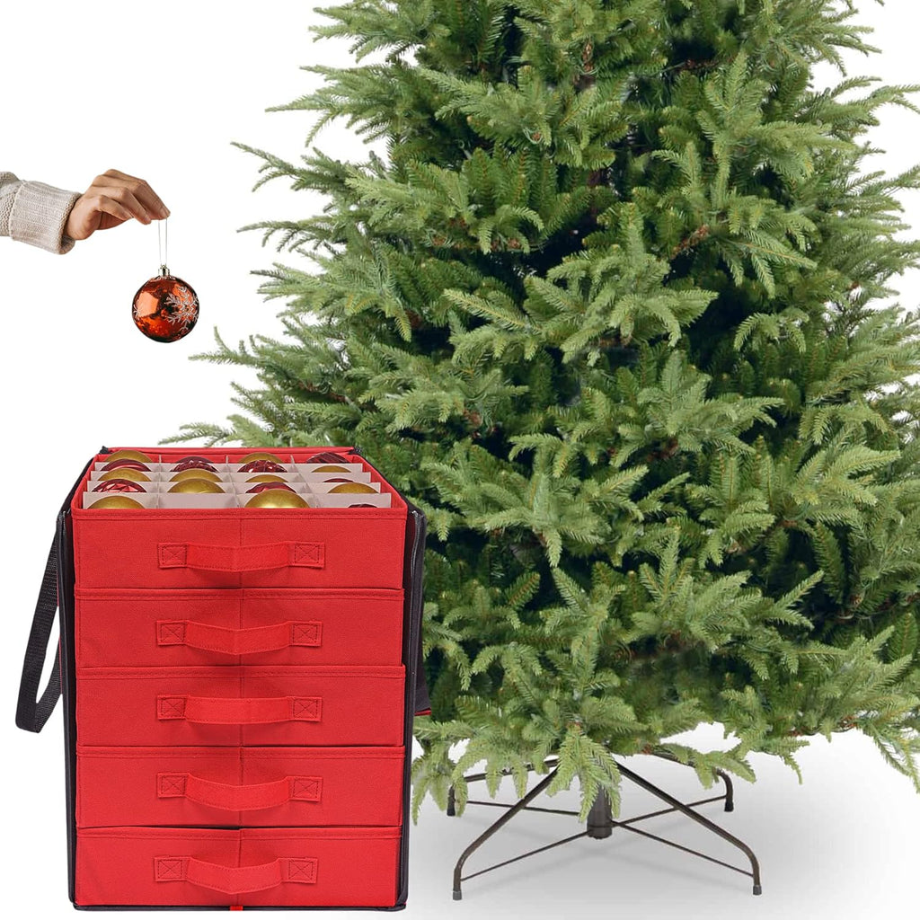 ProPik Christmas Ornament Storage Box - Holds 100 Ornaments with Dividers - Durable Red Organizer