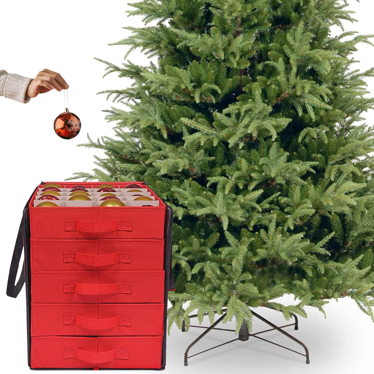 ProPik Christmas Ornament Storage Box - Holds 100 Ornaments with Dividers - Durable Red Organizer