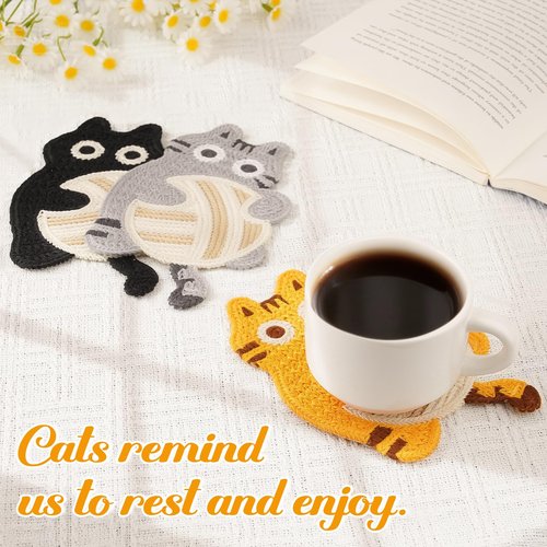 InnoLemon Cute Drink Coasters - 3 PCS Cat Crochet Cup Coaster Set, Funny Coasters for Desk Table, Cat Lover Gifts for Women, Home Restaurant Decor