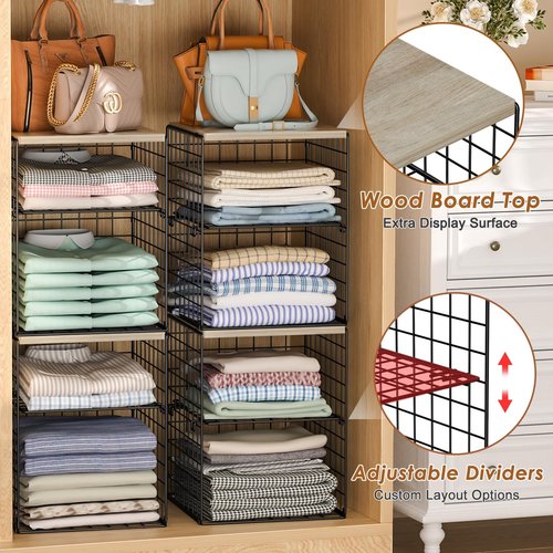 Hencawima 4-Tier Stackable Closet Organizers and Storage, Closet Shelves with Adjustable Dividers & Wood Top Extra Storage, Clothes Storage Basket Bins for Wardrobe, Closet Organizer System, Black
