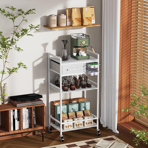 Housolution 4-Tier Coffee Bar Cart with Storage, 33" H Coffee Station Cabinet with Pod Drawers for Nespresso Vertuo, Mini Toaster Oven Stand Table for Home, Kitchen, Living Room (White + Grey)