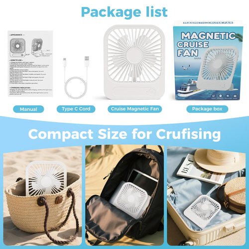 HYTWEDO Magnetic Cruise Ship Approved Fan with Ultra-Thin Design, 1200mAh Rechargeable Battery Operated Portable Fan with 4 Speeds, Magnetically Sticks on Cabin Ceilings and Walls