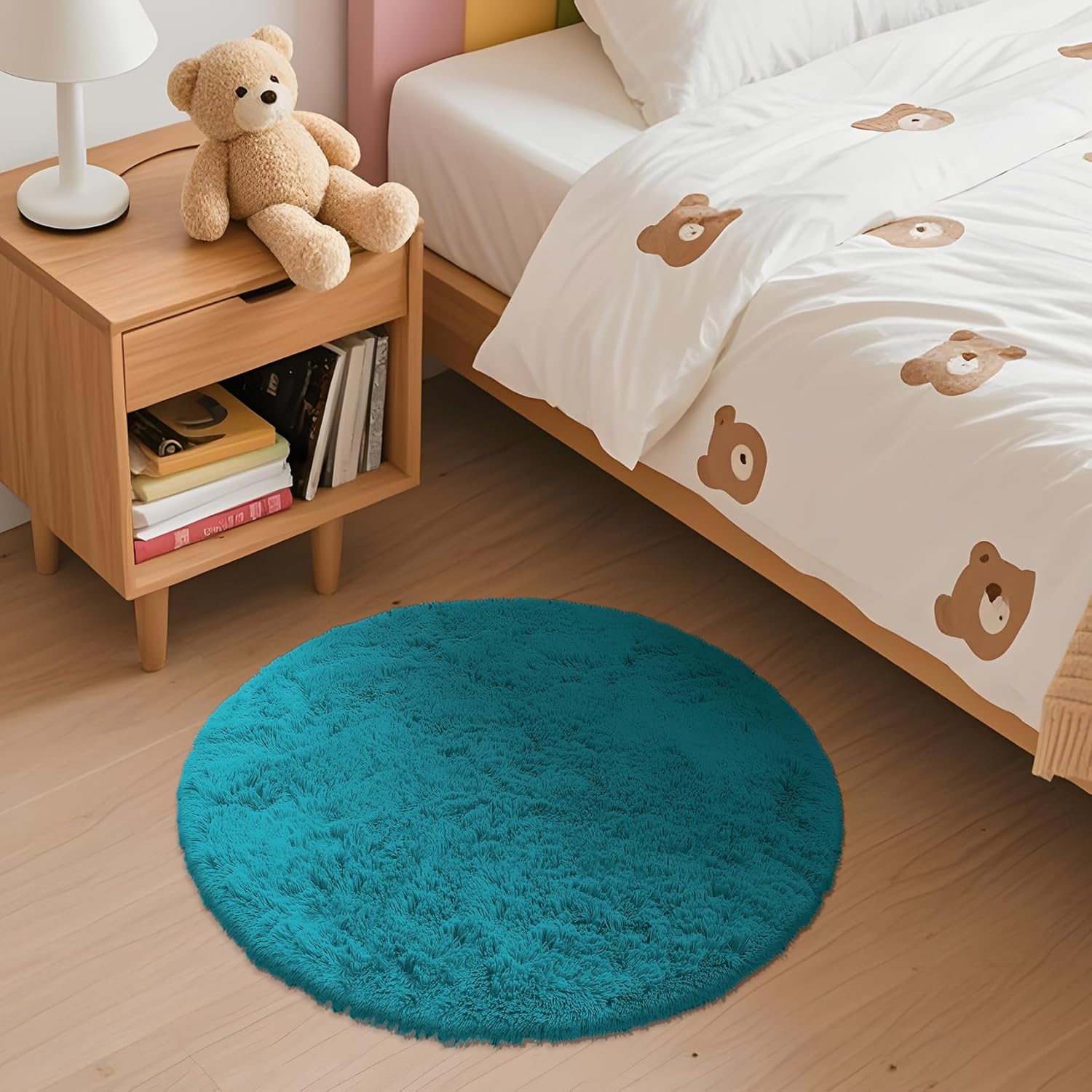 OLANLY Teal Round Area Rug - Soft, Fluffy, Machine Washable 2 ft Circle Carpet for Bedroom & Nursery Decor