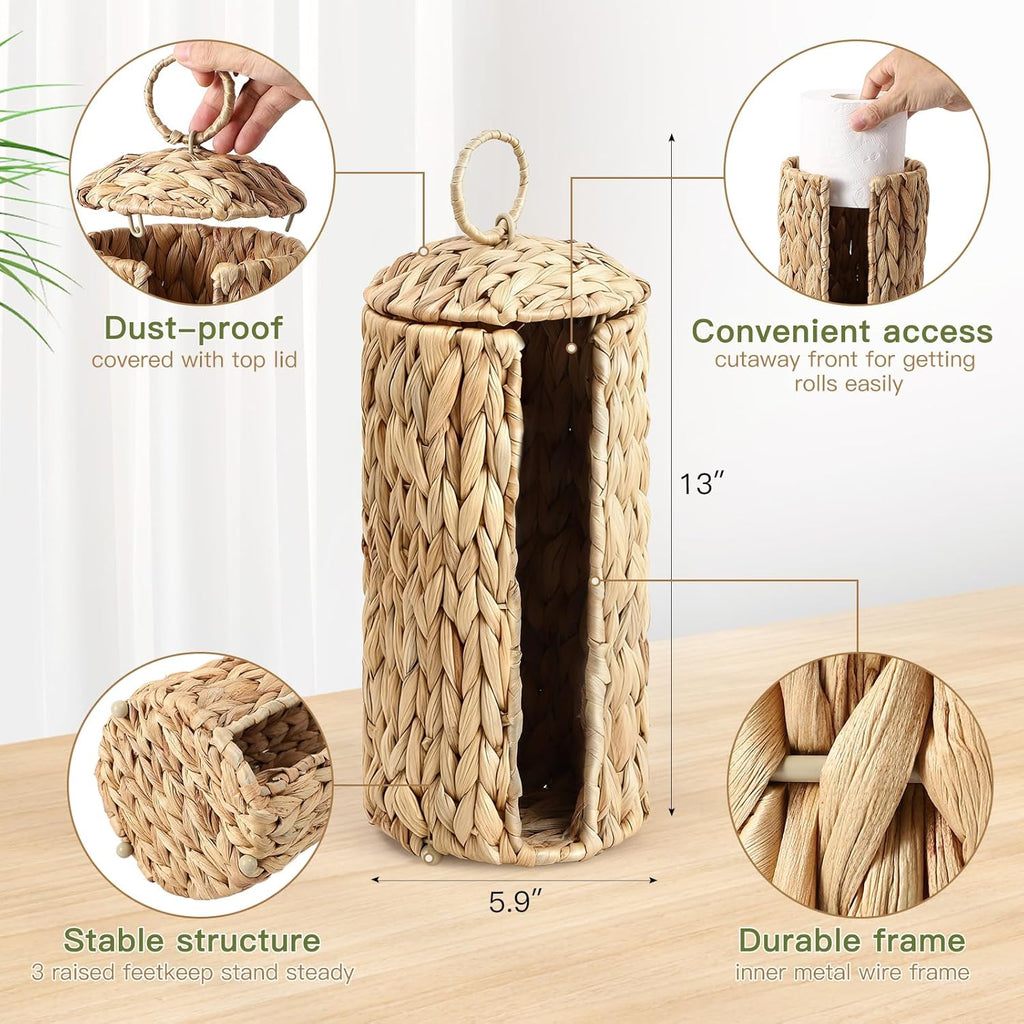 Skiennix Wicker Waste Basket - Handwoven Water Hyacinth Trash Can with Lid | Rustic Decorative 2.5 Gal for Home