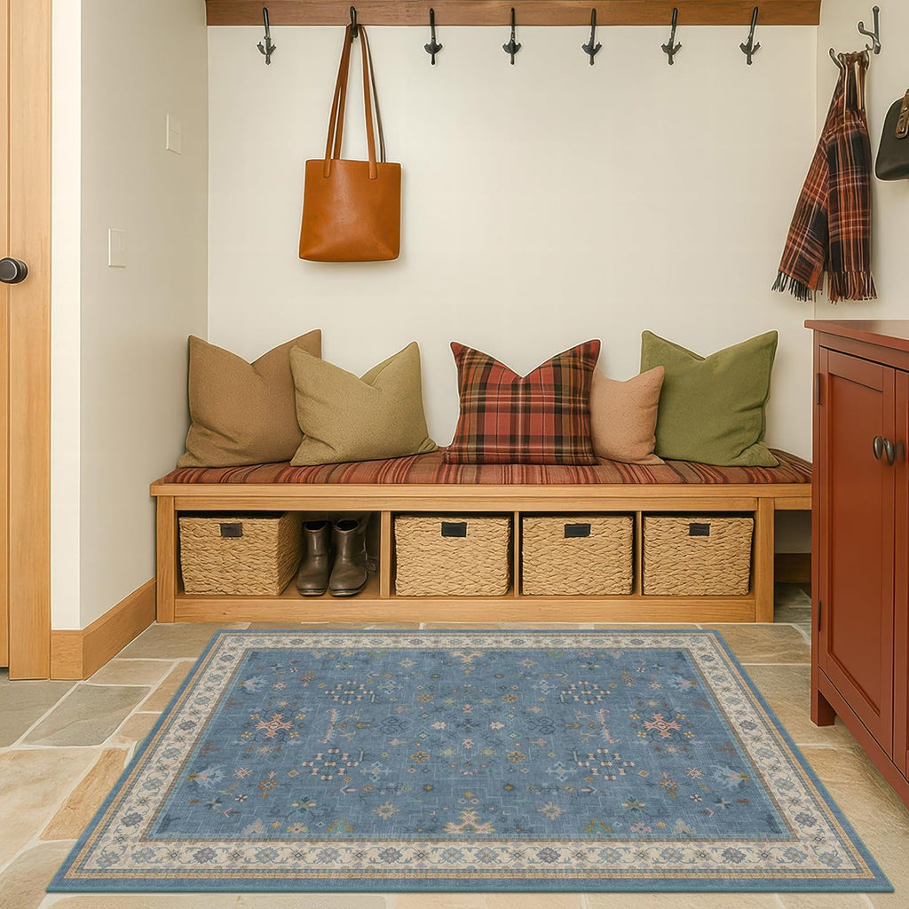 Washable 3x6 Throw Rug - Blue Non-Slip Indoor Rug for Kitchen, Entryway, Bedroom | Boho Modern Décor