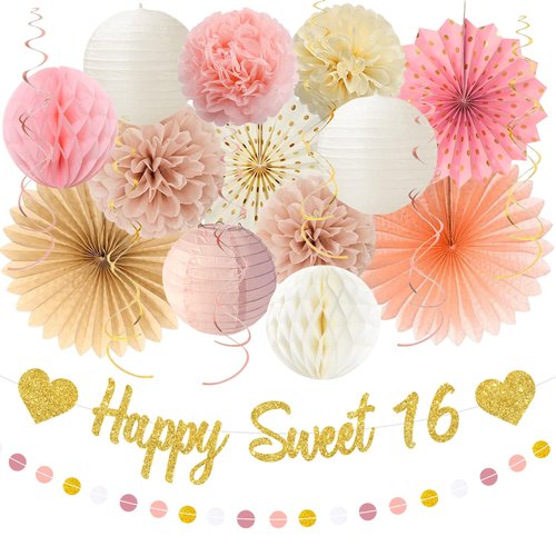 Vlipoeasn Blush Pink Sweet 16 Birthday Decorations for Girls, Retro Beige 16th Birthday Party Decor with Paper Pom Pom, Fan, Lantern, Happy 16 Year Old Party Supplies