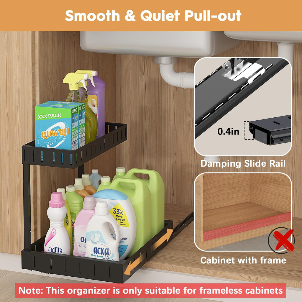 REALINN Under Sink Organizer, 2 Tier Expandable Under Cabinet Organizer, Heights Adjustable Pull Out Storage for Kitchen Bathroom Laundry, Black, 2 Pack