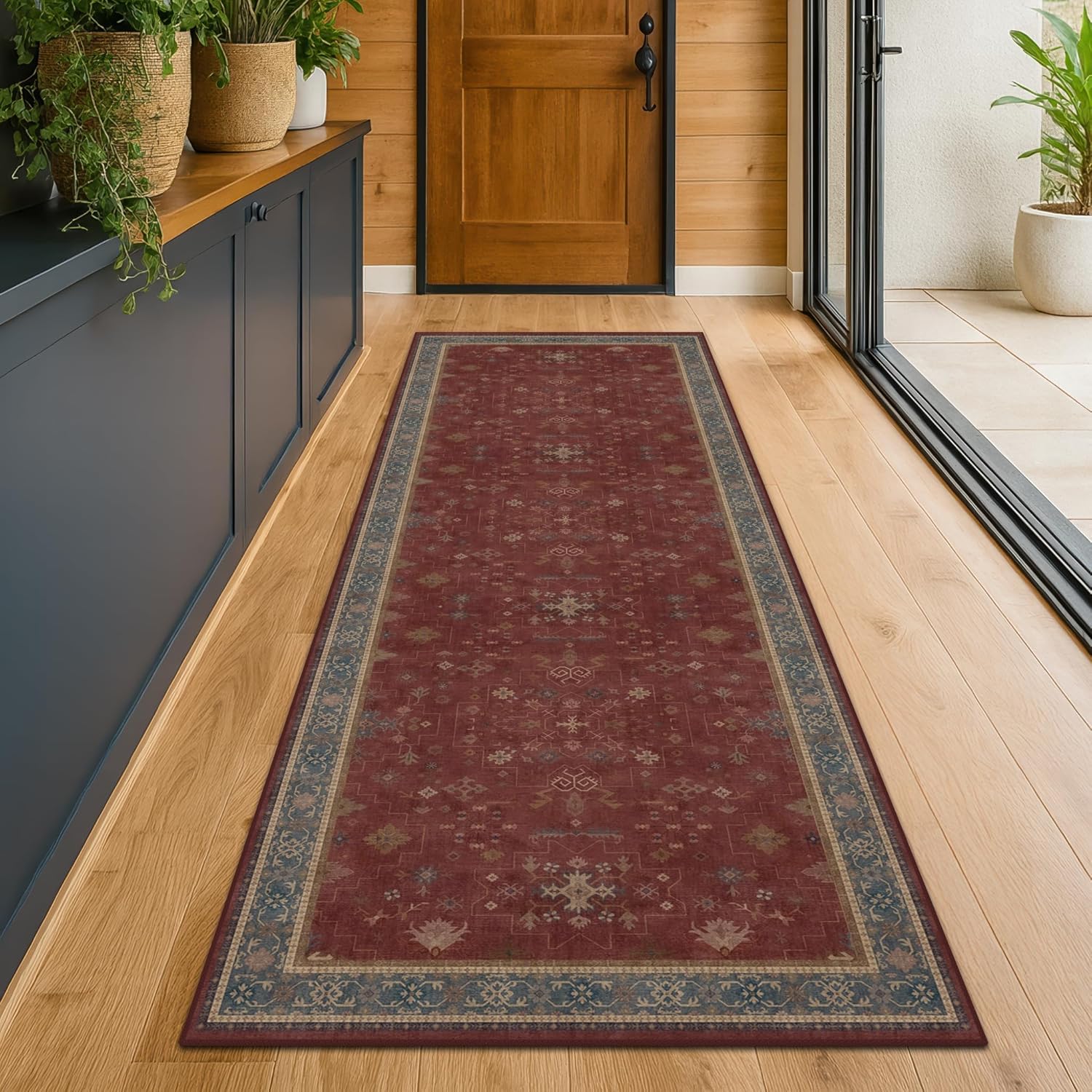 Skiennix Dark Red Hallway Runner Rug - 10ft Washable Non-Slip Indoor Mat | Soft Low Pile Boho Floral Design