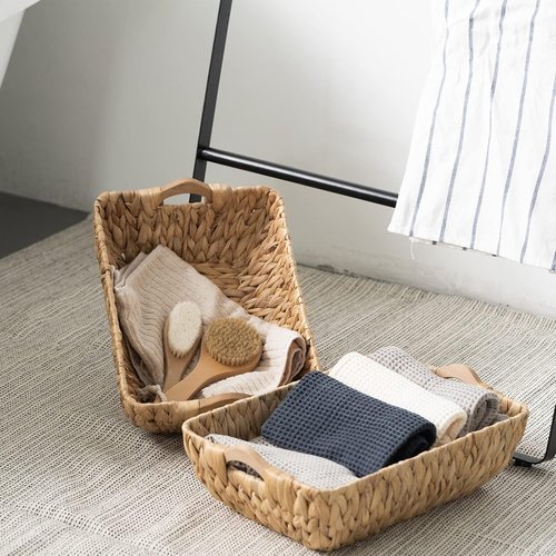 FairyHaus Wicker Baskets - Hand Woven Water Hyacinth Storage Baskets Set of 2 | Natural Organizing Solution, 14.96x10.04x4.73