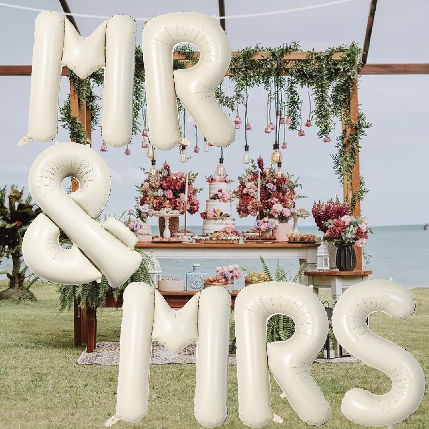 MR & MRS 40-Inch Beige Balloons - Large Cream Foil Letters for Wedding Decor | Ivory Banner for Engagement Party