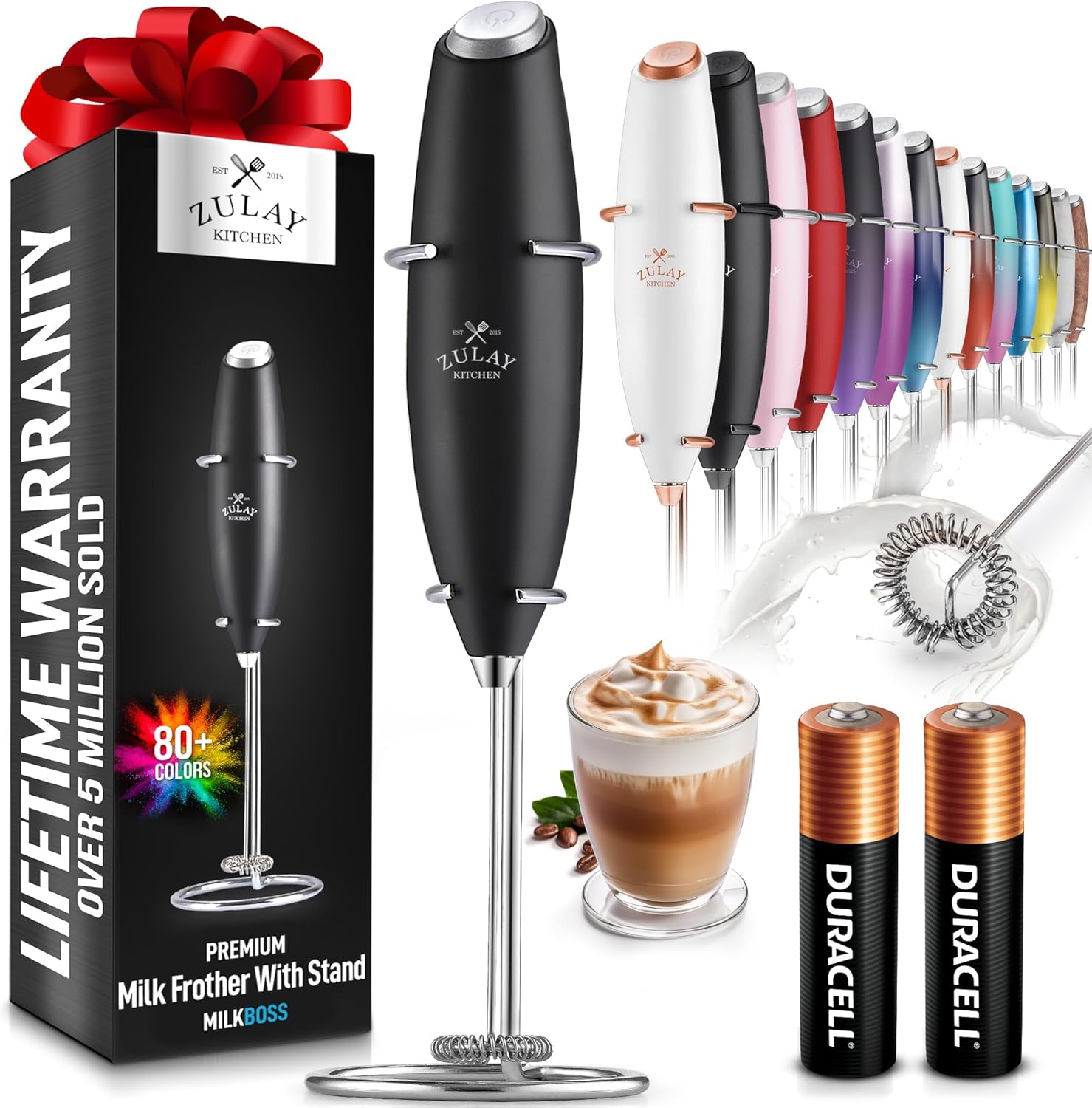 Zulay Kitchen Milk Frother Wand - Ultra-Fast Electric Whisk for Coffee, Lattes & More - Black