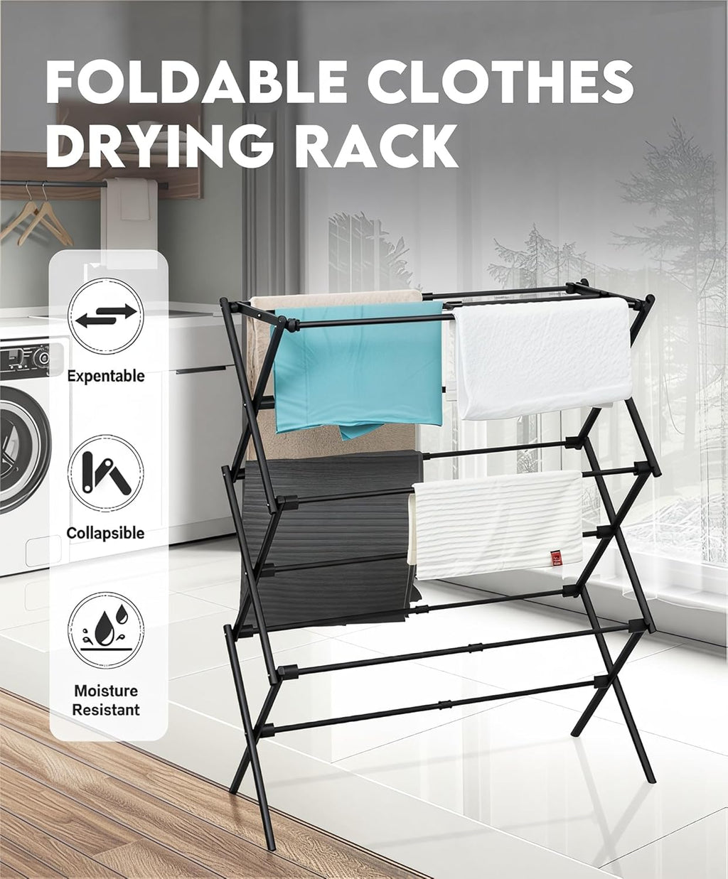 Skiennix 3-Tier Metal Folding Clothes Drying Rack - Collapsible Indoor & Outdoor Laundry Dryer | Black