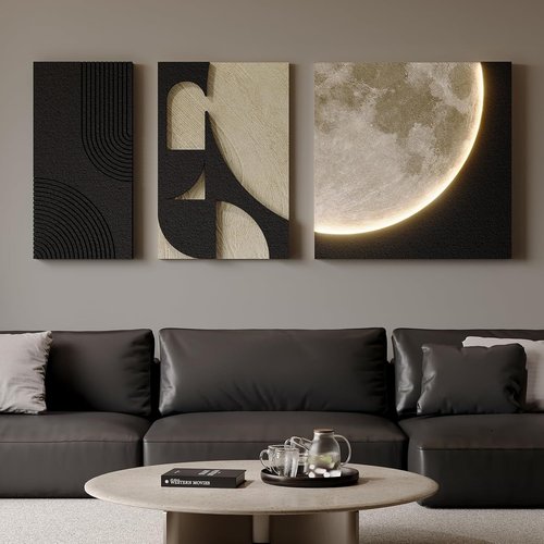 3D Textured Wall Art by [Brand Name] - Black and White Abstract Moon Design with LED Lights | 3-Piece Modern Paintings for Living Room, Hallway, Bedroom