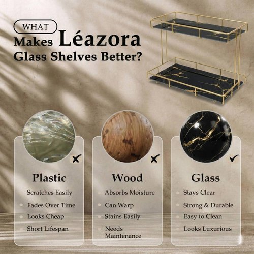 Léazora 2-Tier White Marble Bathroom Countertop Organizer – Glass Shelves & Gold Metal Frame, Elegant Vanity Storage Shelf for Perfume, Skincare, Makeup & Toiletries