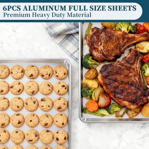 Bastwe Aluminum Baking Sheet Pan - Full-Size Commercial Quality Cookie Tray | 6 Pack, 26 x 18 Inch