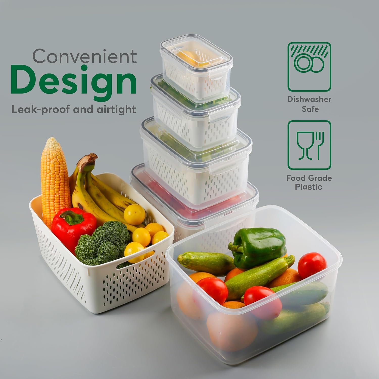 Skiennix Fruit Storage Containers - 5 Set BPA-Free, Leakproof & Dishwasher Safe for Fresh Produce