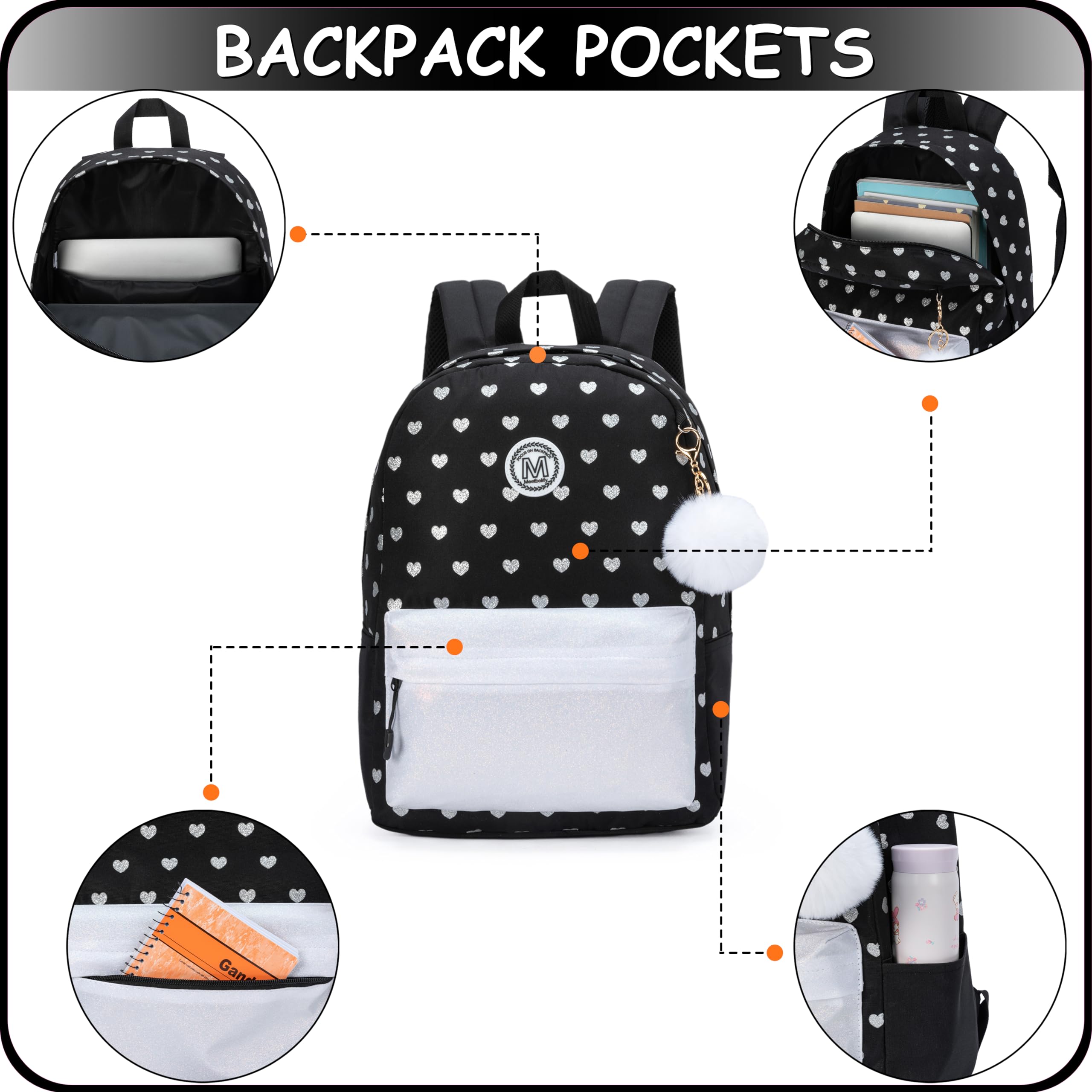 ZBAOGTW Backpack for School Girls Backpack for Girls Travel Backpacks Black Laptop Backpacks Schoolbags for Kids Backpacks Ages 8-10 with Lunch Box Pencil Case Sets for Elementary High School Girl