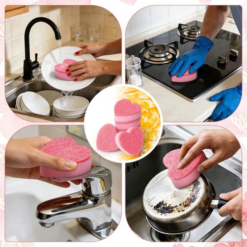 ARCTURINE 12 Pack Heart-Shaped Scrub Sponges Valentine’s Day Gift Dual-Sided Kitchen Scrubber for Sink, Plates, Glassware, Pots & Cookware, Cute Household Cleaning Sponge, Sweet Gift Idea (Pink)