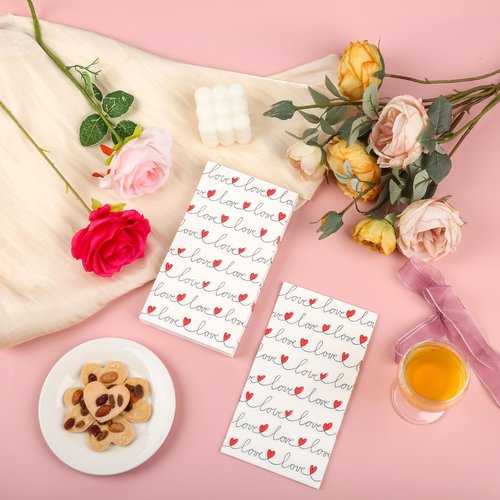 100Pcs Love Red Hearts Guest Napkins Valentines Paper Hand Towels Line Love Lettering Disposable Guest Towel Dinner Buffet for Wedding Anniversary Bridal Shower Party Supplies