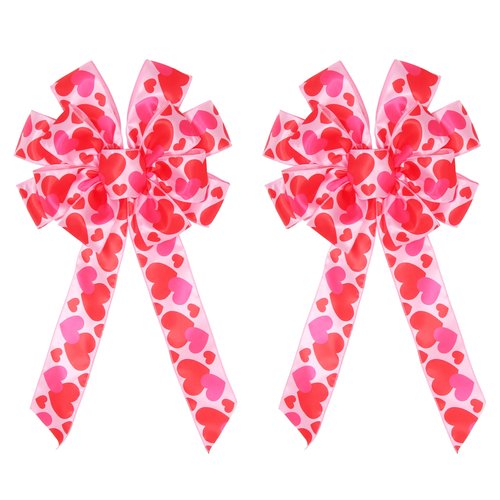 2Pcs Valentine's Day Bows, Pink Valentine's Day Wreath Bow With Heart Printed Gift Bow Tree Topper for Valentine's Day Wedding Holiday Mother's Day Front Door Wreath Indoor Outdoor Home Decorations