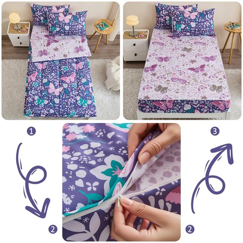Anibedding 3Pcs Zip Up Bedding Comforter Set for Girls, Purple Butterfly All in One Zipper Full Bedding Set with Pillowcase for Kids