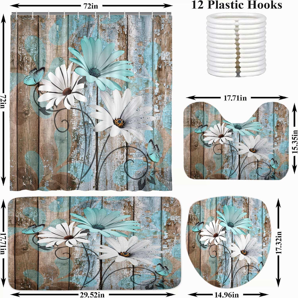JAWO 4 Piece Teal Daisy Flower on Rustic Wooden Plank Country Style Shower Curtain Sets with Non-Slip Rugs, Toilet Lid Cover and Bath Mat, Shower Curtain with 12 Hooks
