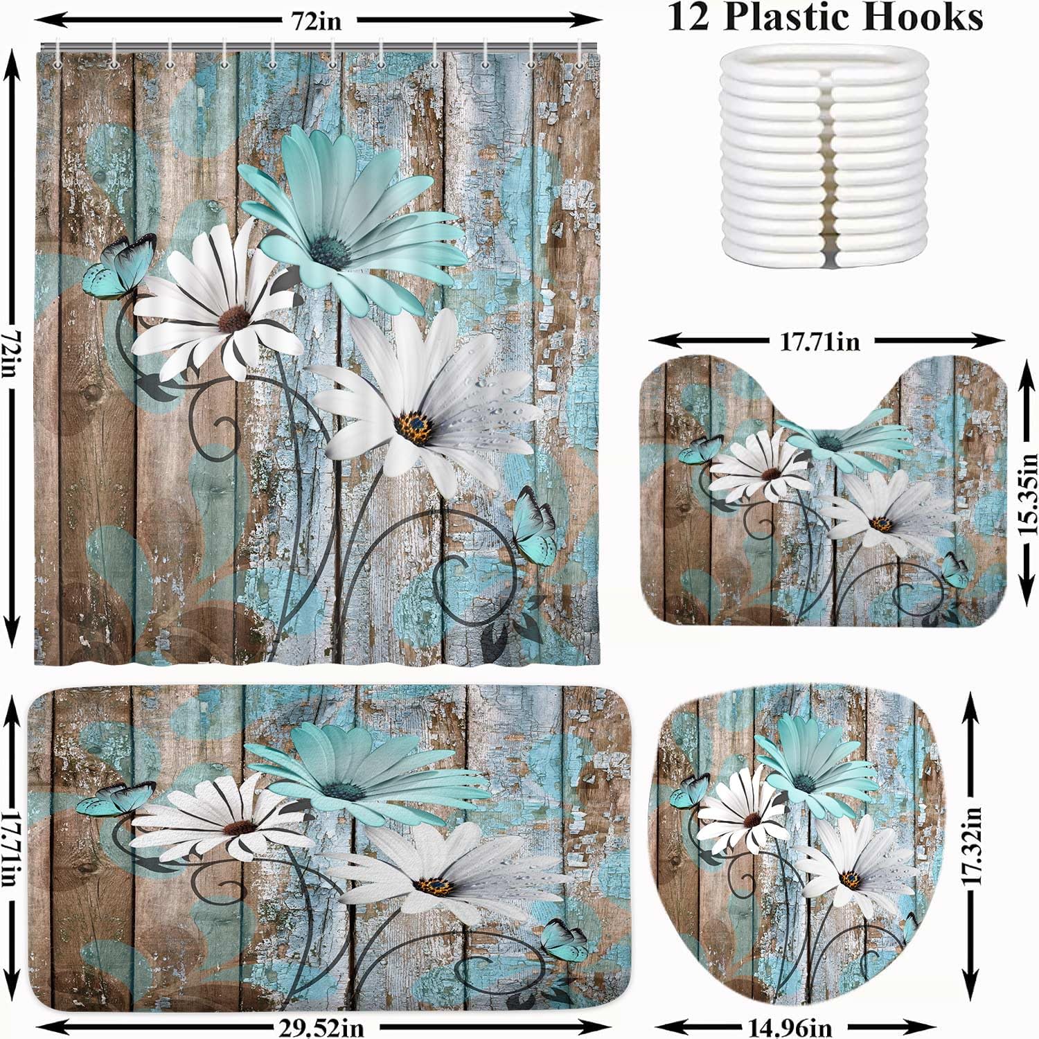 JAWO 4 Piece Teal Daisy Flower on Rustic Wooden Plank Country Style Shower Curtain Sets with Non-Slip Rugs, Toilet Lid Cover and Bath Mat, Shower Curtain with 12 Hooks